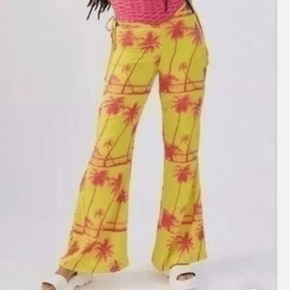 Urban Outfitters Yellow Flared Palm-Print Pants